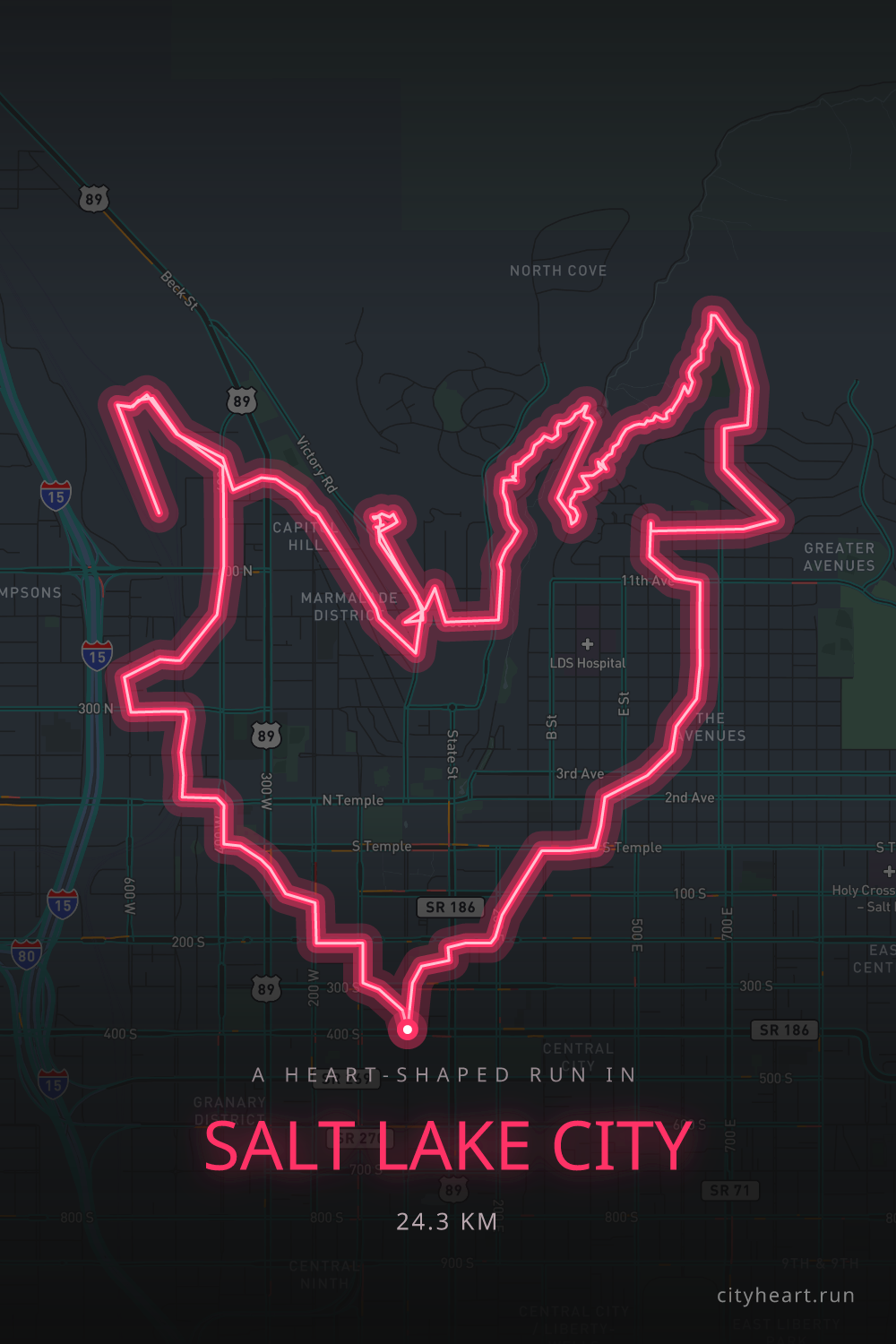 Heart-shaped running route in Salt Lake City, 25.9 km — GPS art for Strava
