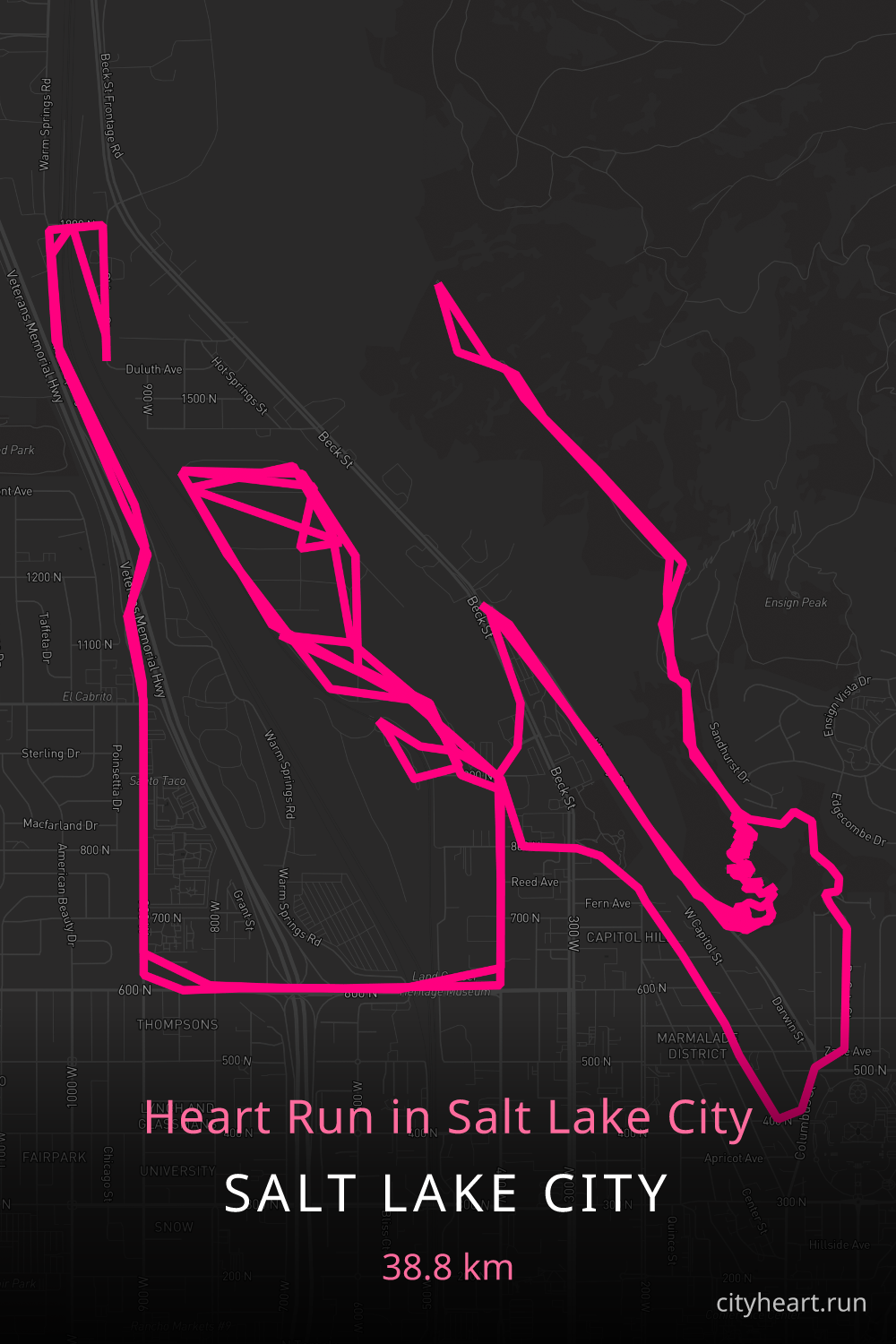 Heart-shaped running route in Salt Lake City, 41.7 km — GPS art for Strava