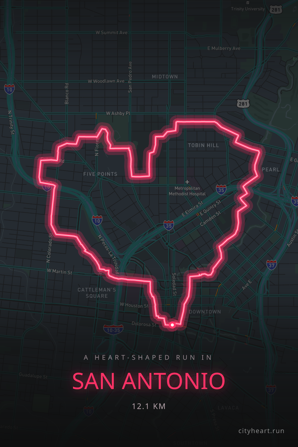 Heart-shaped running route in San Antonio, 13.2 km — GPS art for Strava