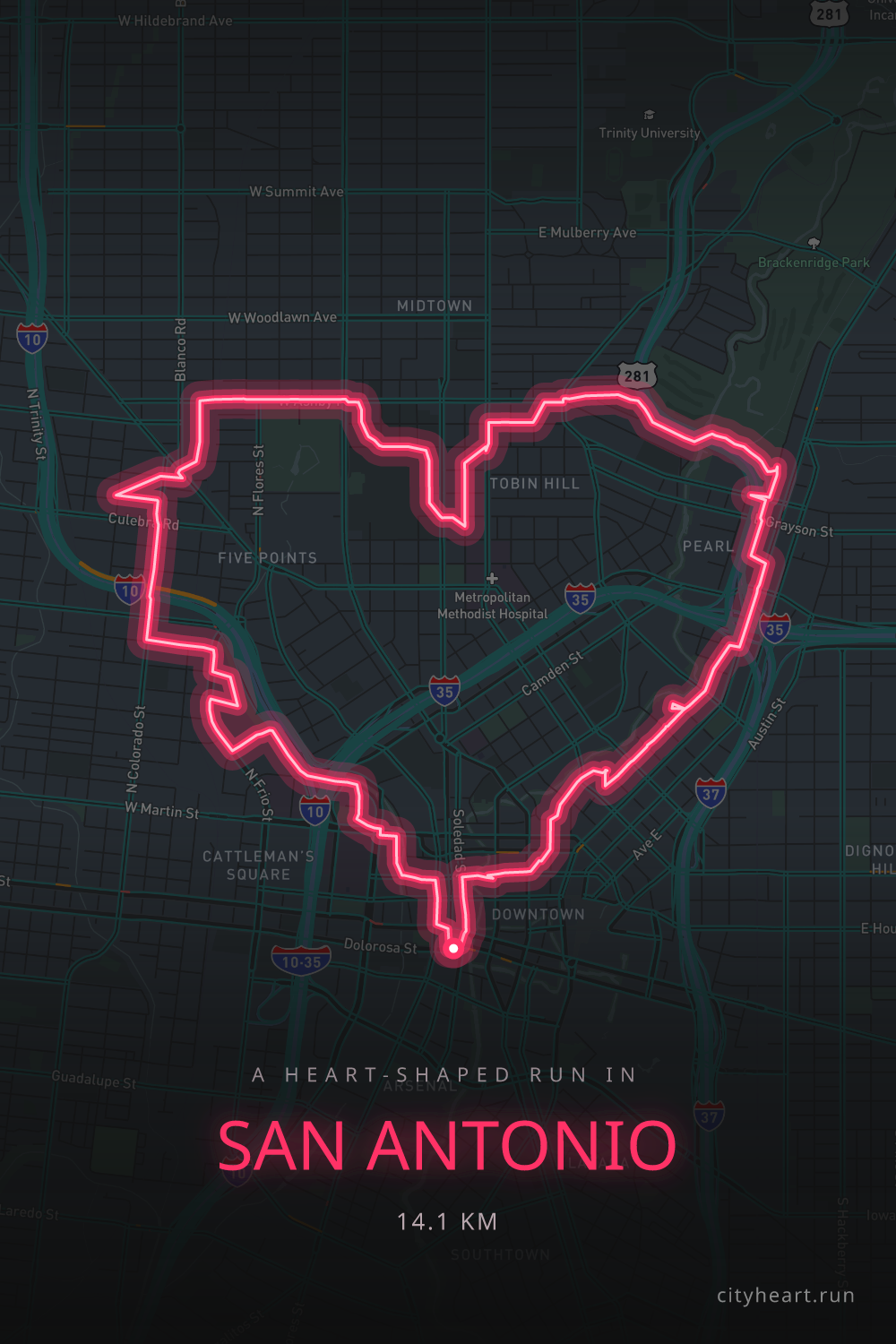 Heart-shaped running route in San Antonio, 14.7 km — GPS art for Strava