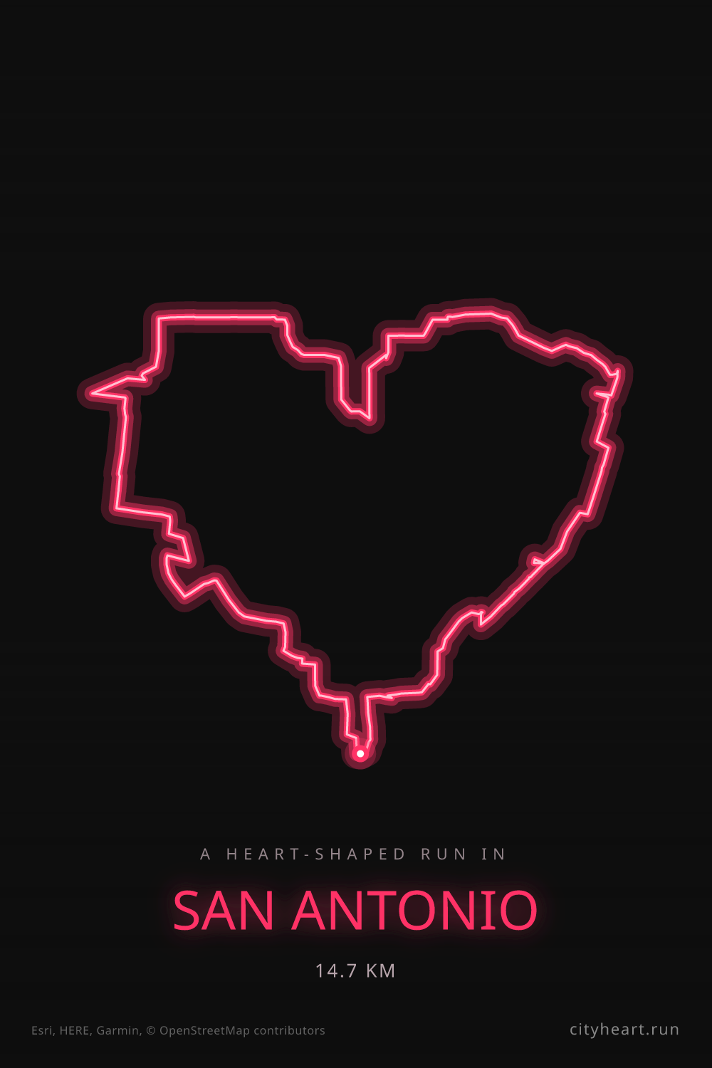 Heart-shaped running route in San Antonio, 14.7 km — GPS art for Strava
