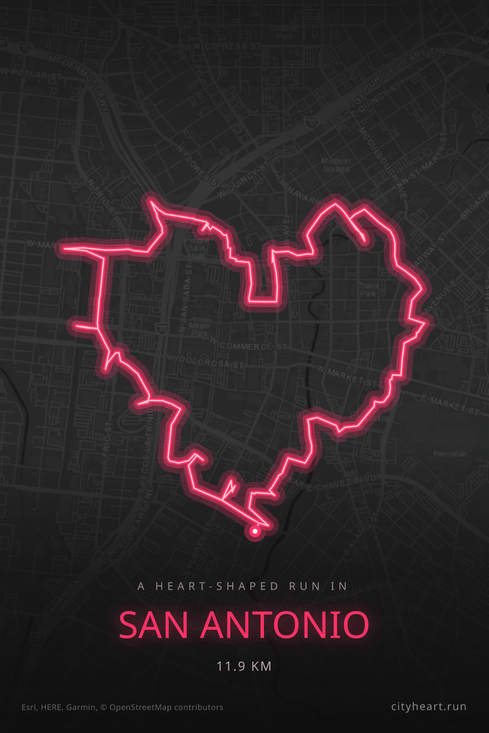 Heart-shaped running route in San Antonio, 11.9 km — GPS art for Strava