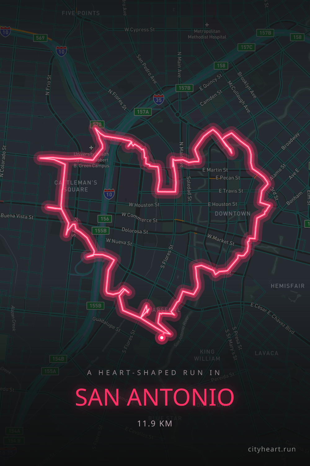 Heart-shaped running route in San Antonio, 11.9 km — GPS art for Strava