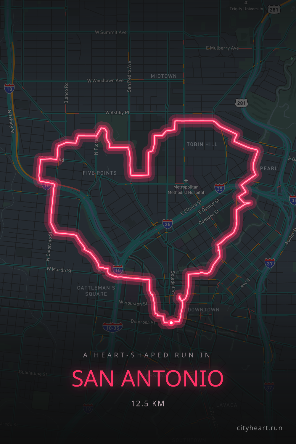 Heart-shaped running route in San Antonio, 13.2 km — GPS art for Strava