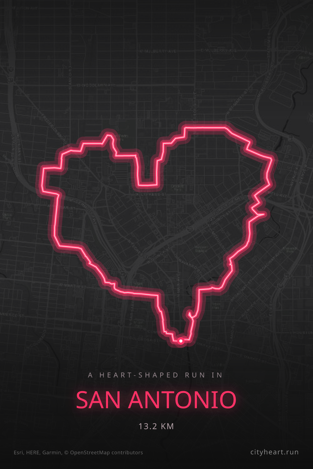 Heart-shaped running route in San Antonio, 13.2 km — GPS art for Strava