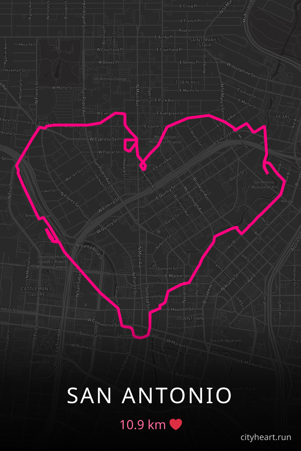 Heart-shaped running route in San Antonio, 10.9 km — GPS art for Strava