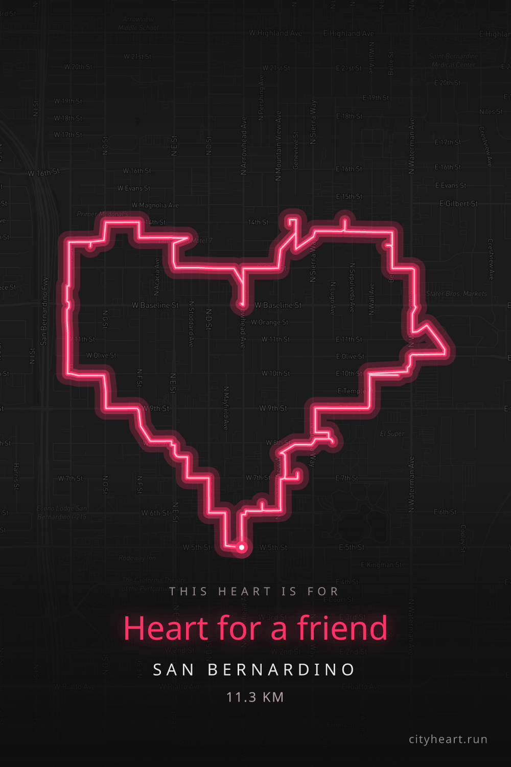 Heart-shaped running route in San Bernardino, 11.3 km — GPS art for Strava