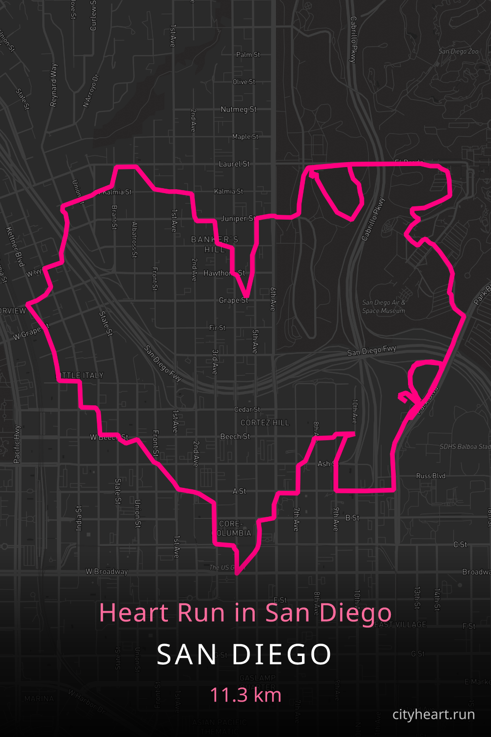 Heart-shaped running route in San Diego, 12.2 km — GPS art for Strava
