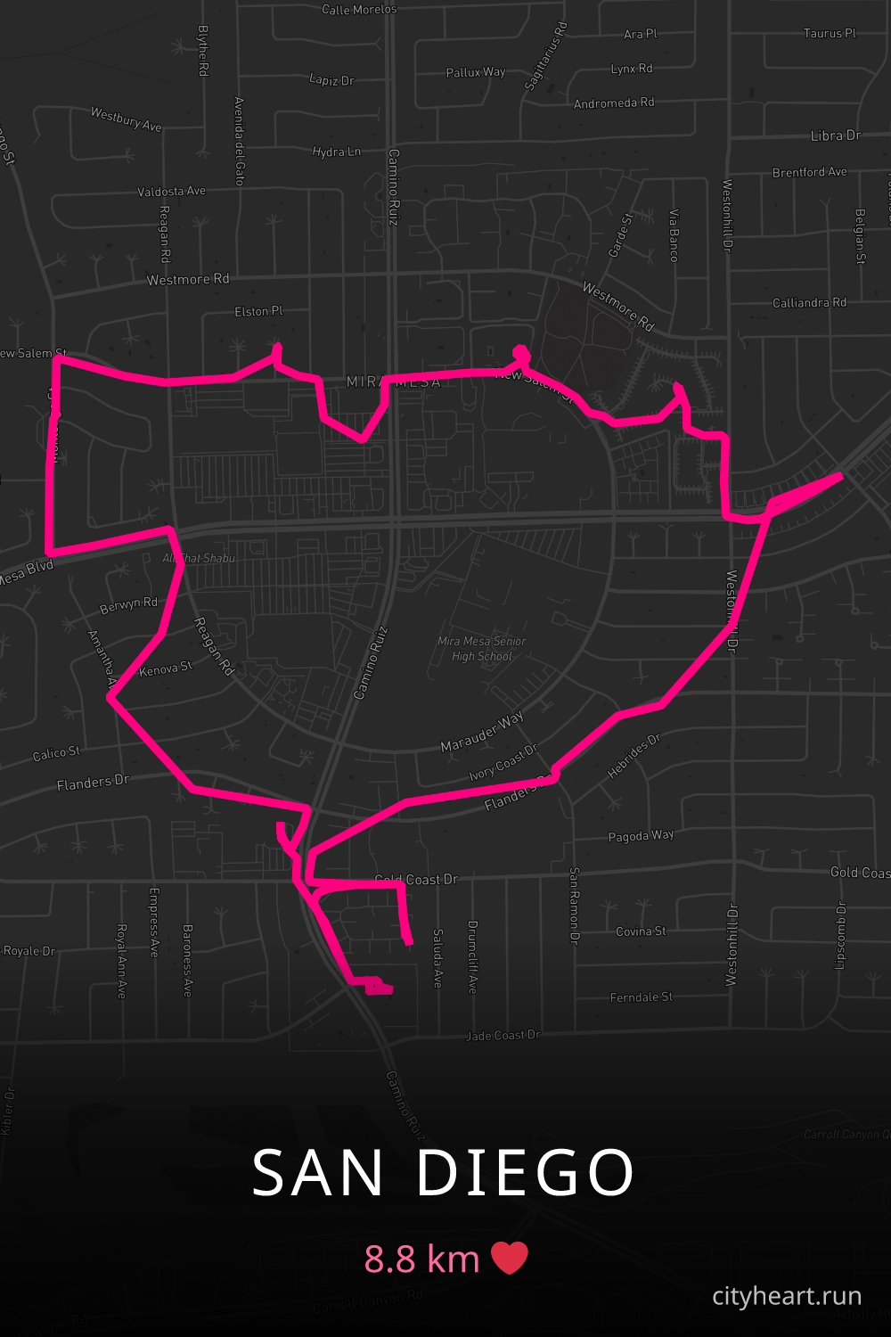 Heart-shaped running route in San Diego, 8.8 km — GPS art for Strava