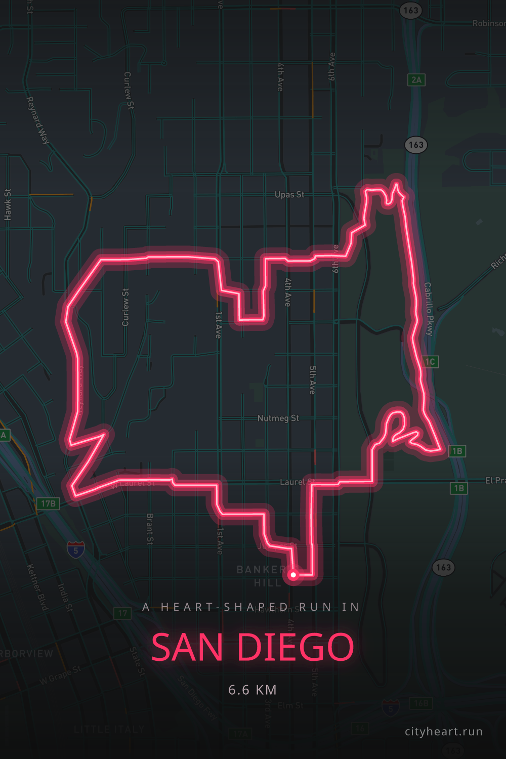 Heart-shaped running route in San Diego, 6.6 km — GPS art for Strava