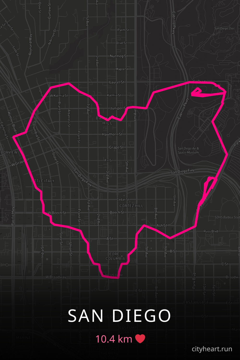 Heart-shaped running route in San Diego, 10.4 km — GPS art for Strava