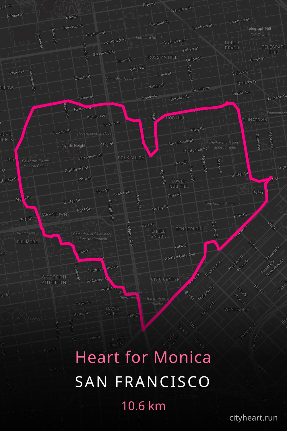 Heart-shaped running route in San Francisco, 10.6 km — GPS art for Strava