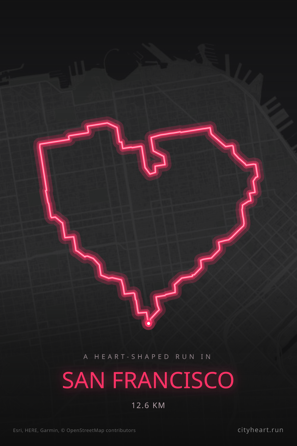 Heart-shaped running route in San Francisco, 12.6 km — GPS art for Strava