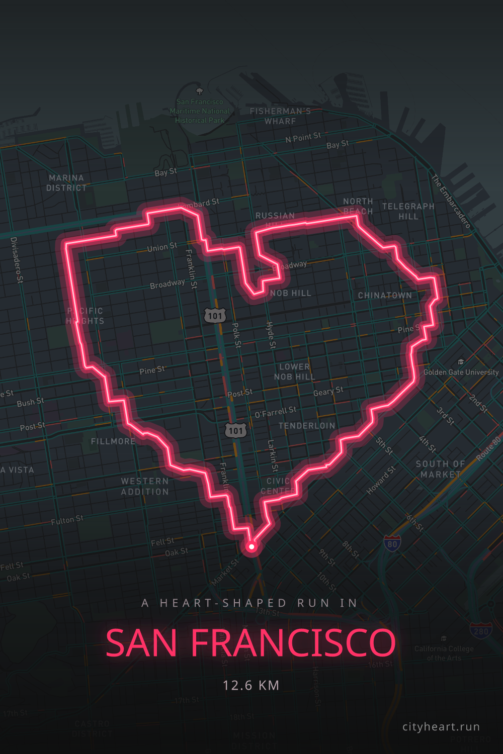 Heart-shaped running route in San Francisco, 12.6 km — GPS art for Strava