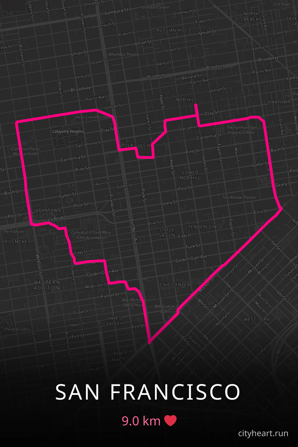 Heart-shaped running route in San Francisco, 9.0 km — GPS art for Strava