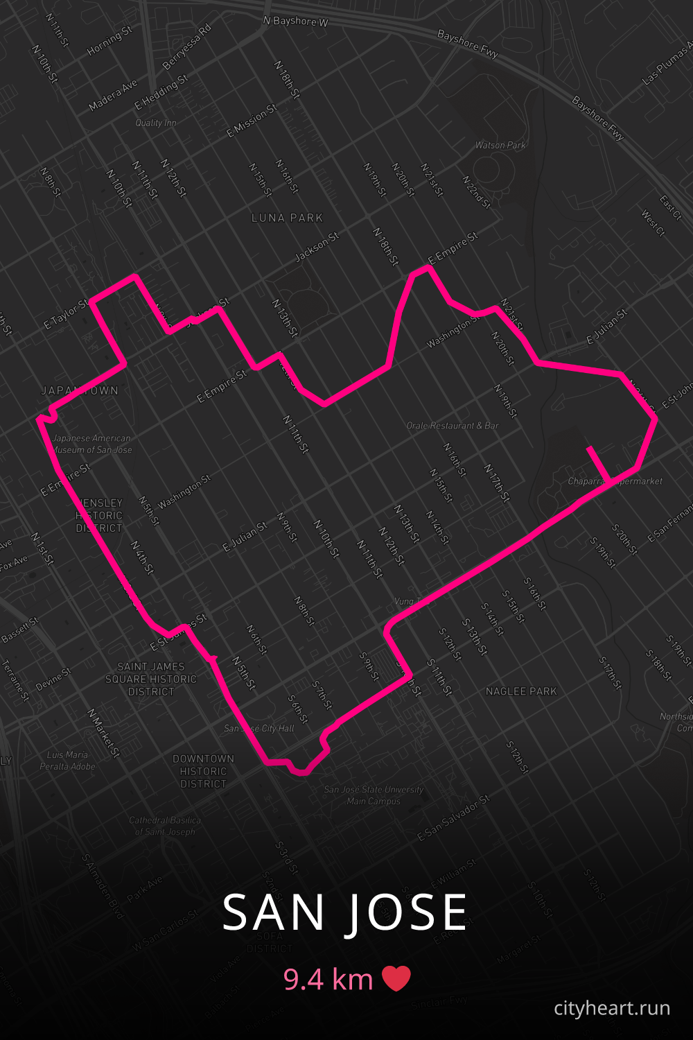 Heart-shaped running route in San Jose, 9.4 km — GPS art for Strava