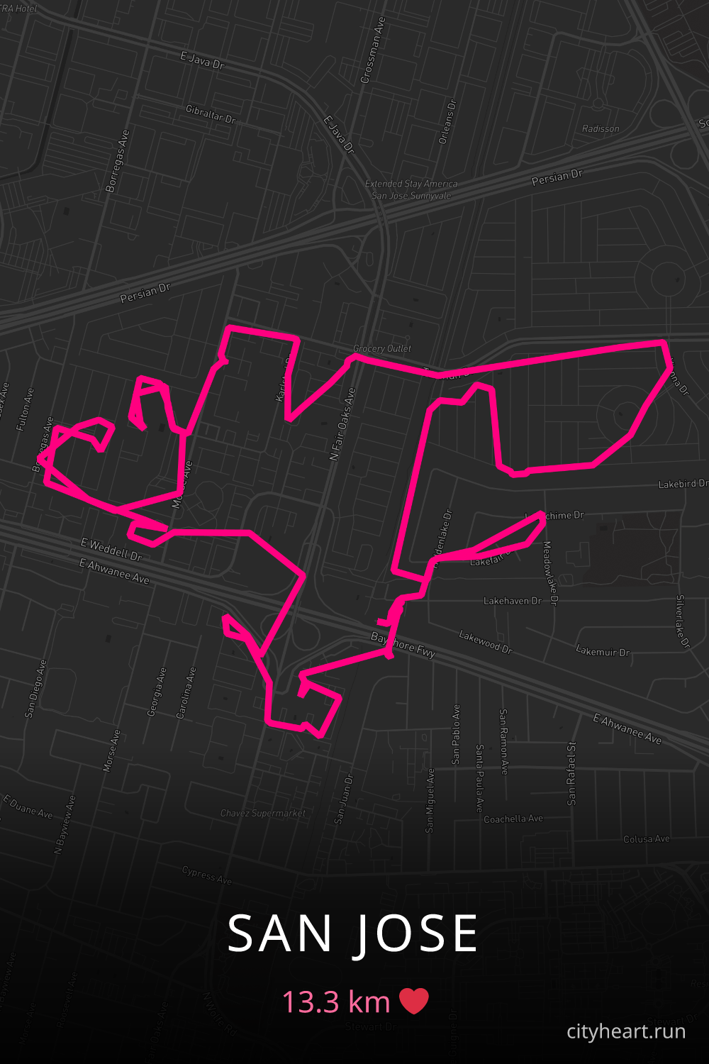 Heart-shaped running route in San Jose, 13.3 km — GPS art for Strava