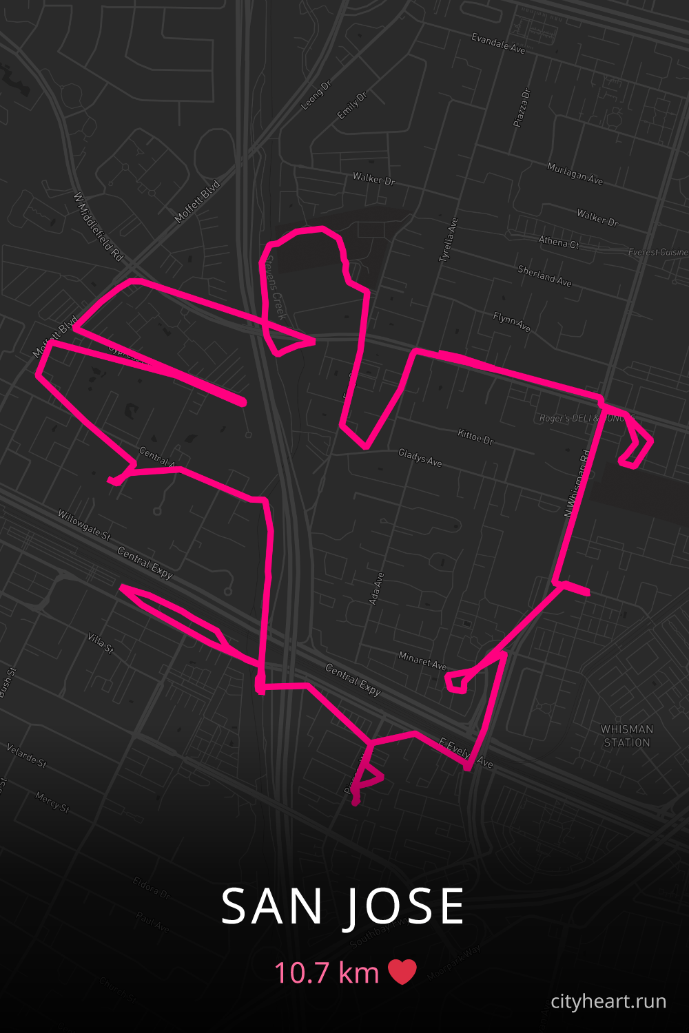 Heart-shaped running route in San Jose, 10.7 km — GPS art for Strava