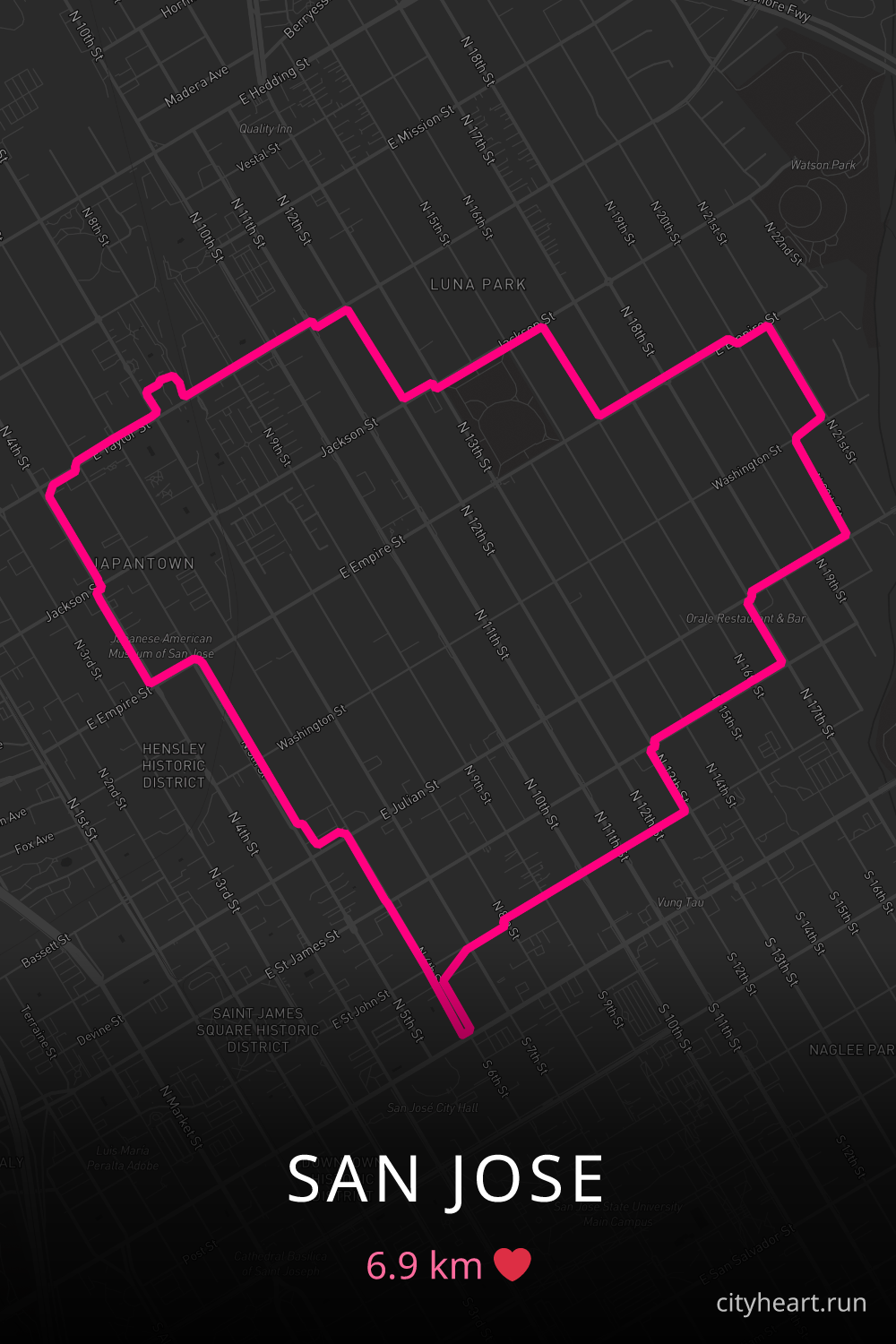 Heart-shaped running route in San Jose, 6.9 km — GPS art for Strava