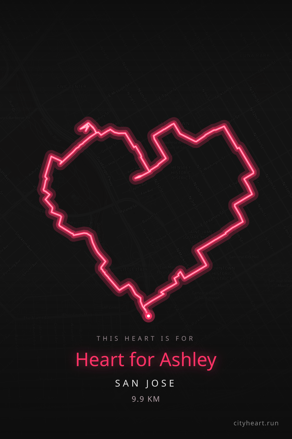 Heart-shaped running route in San José, 17.7 km — GPS art for Strava