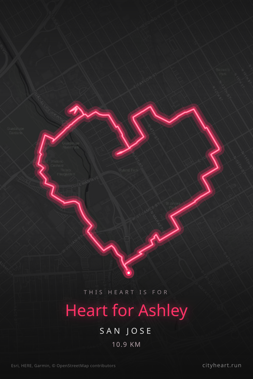 Heart-shaped running route in San Jose, 10.9 km — GPS art for Strava