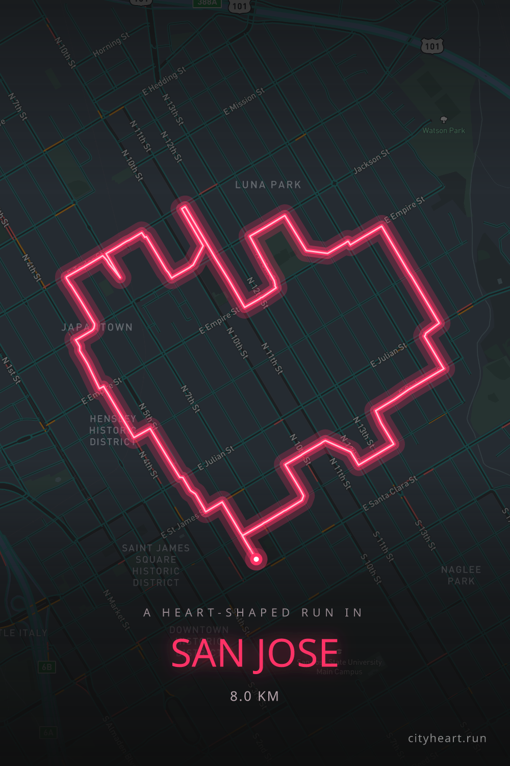 Heart-shaped running route in San Jose, 8.0 km — GPS art for Strava