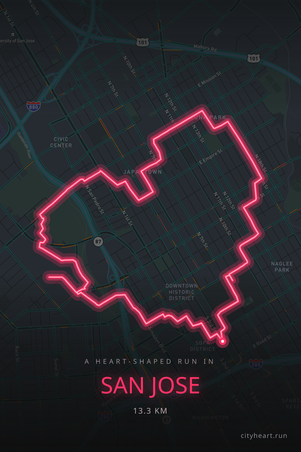 Heart-shaped running route in San Jose, 13.3 km — GPS art for Strava