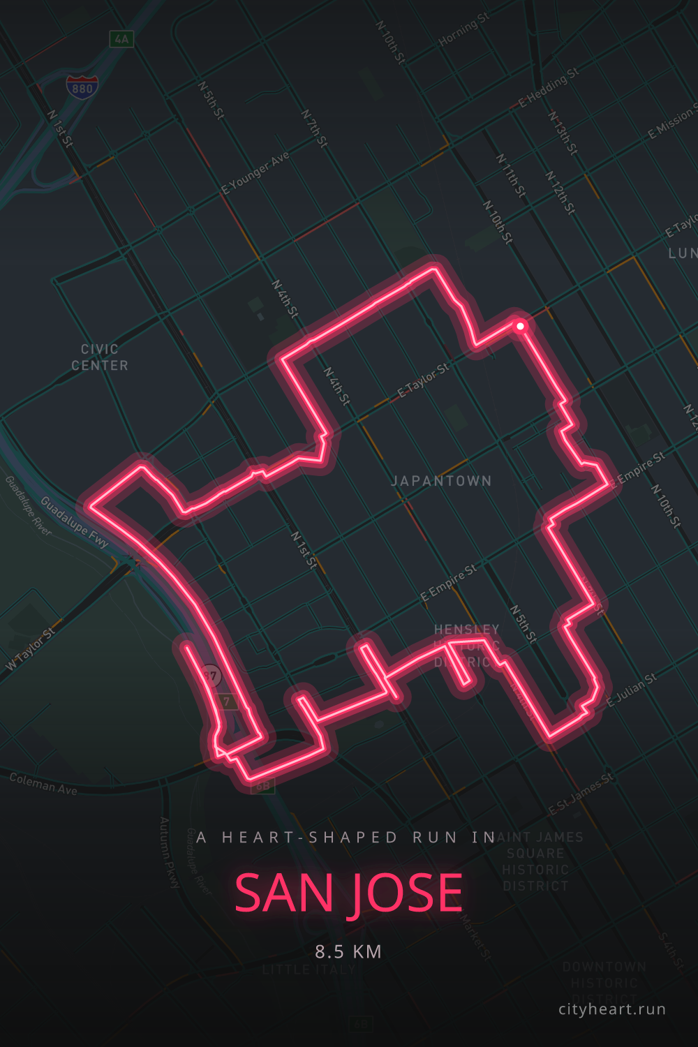 Heart-shaped running route in San Jose, 8.5 km — GPS art for Strava