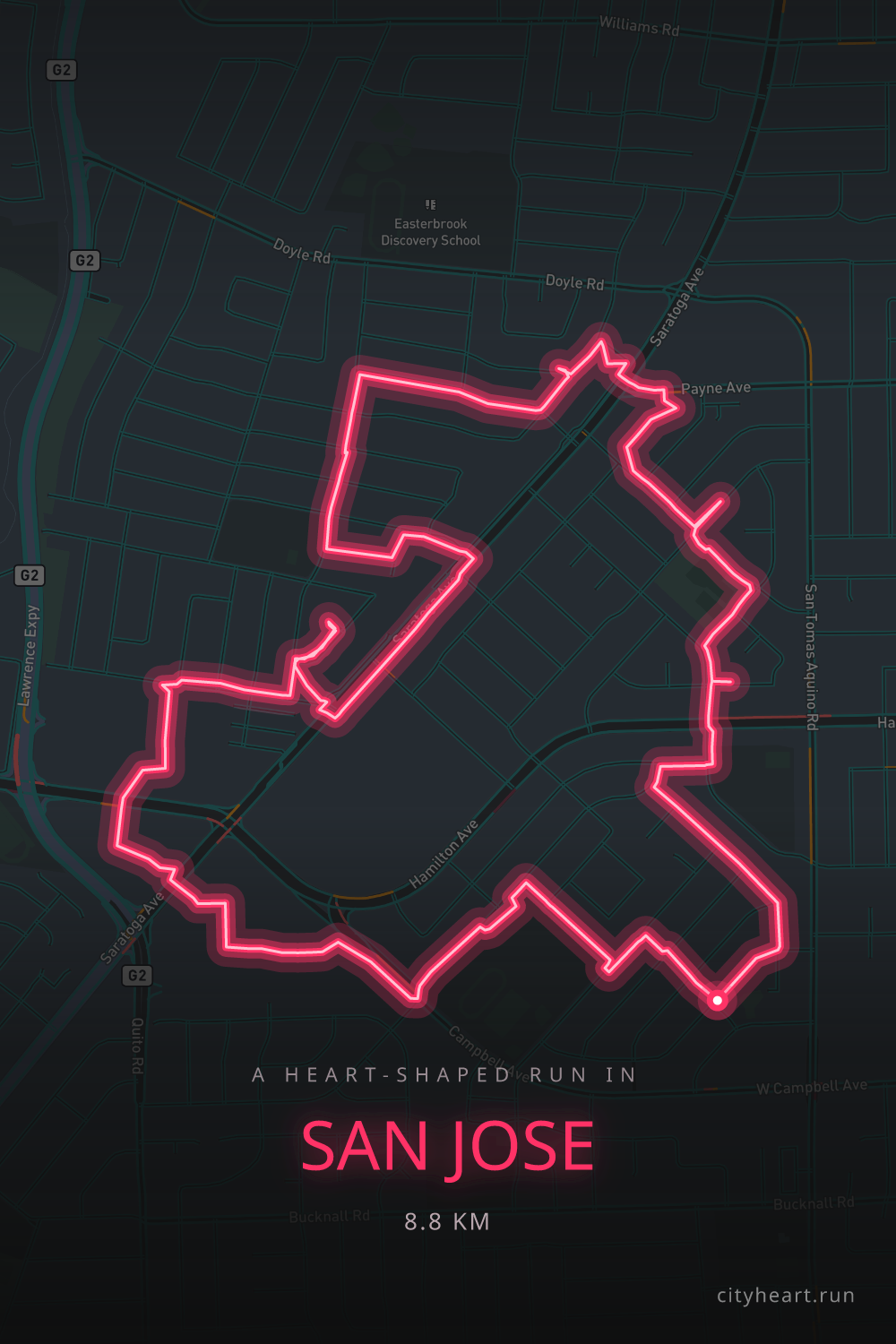 Heart-shaped running route in San Jose, 9.6 km — GPS art for Strava