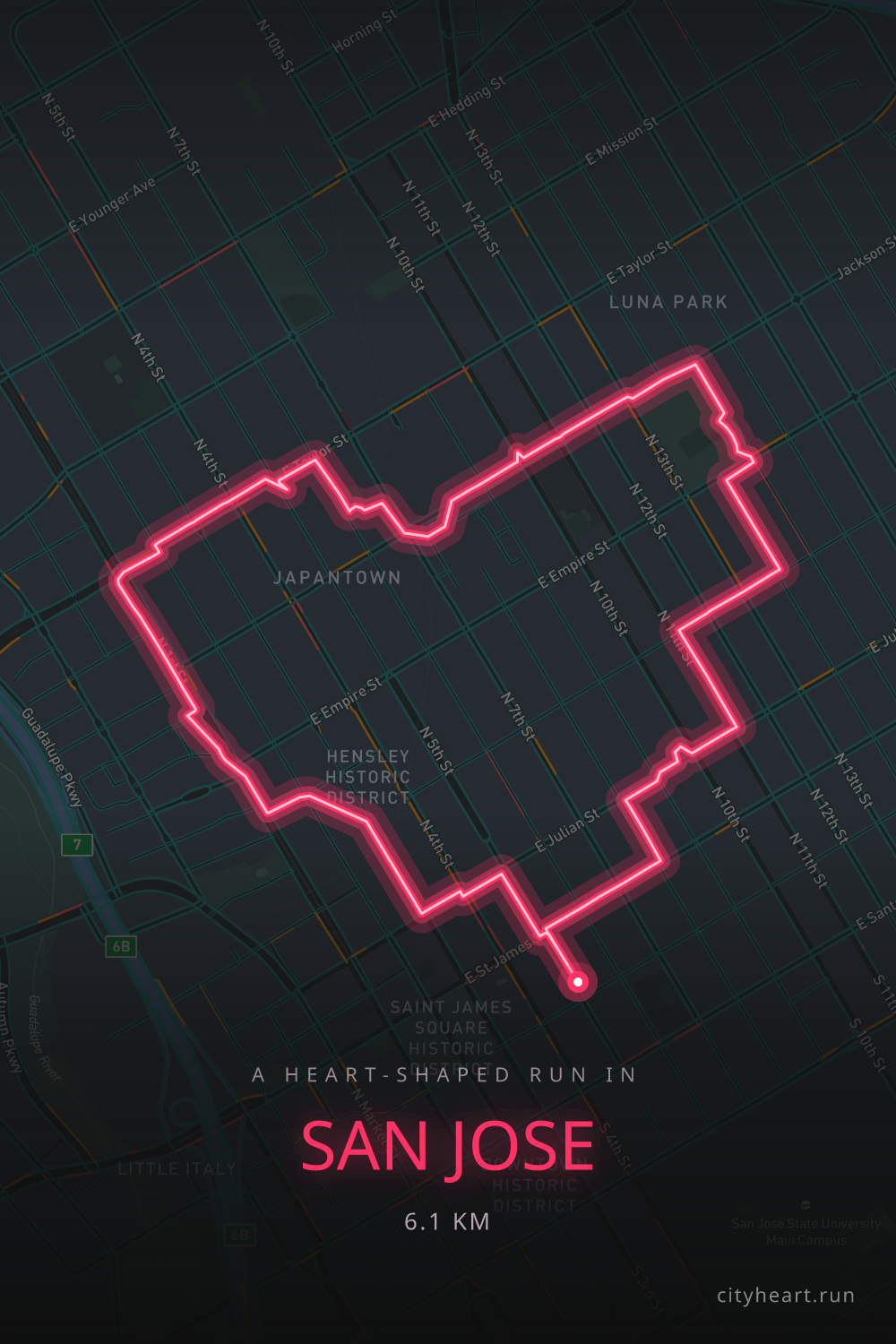 Heart-shaped running route in San Jose, 6.1 km — GPS art for Strava