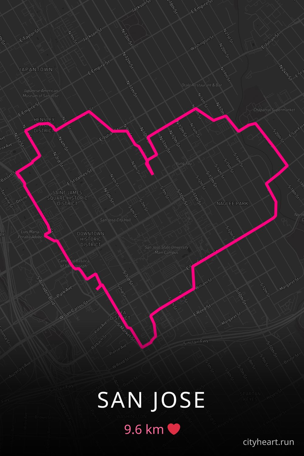 Heart-shaped running route in San Jose, 9.6 km — GPS art for Strava