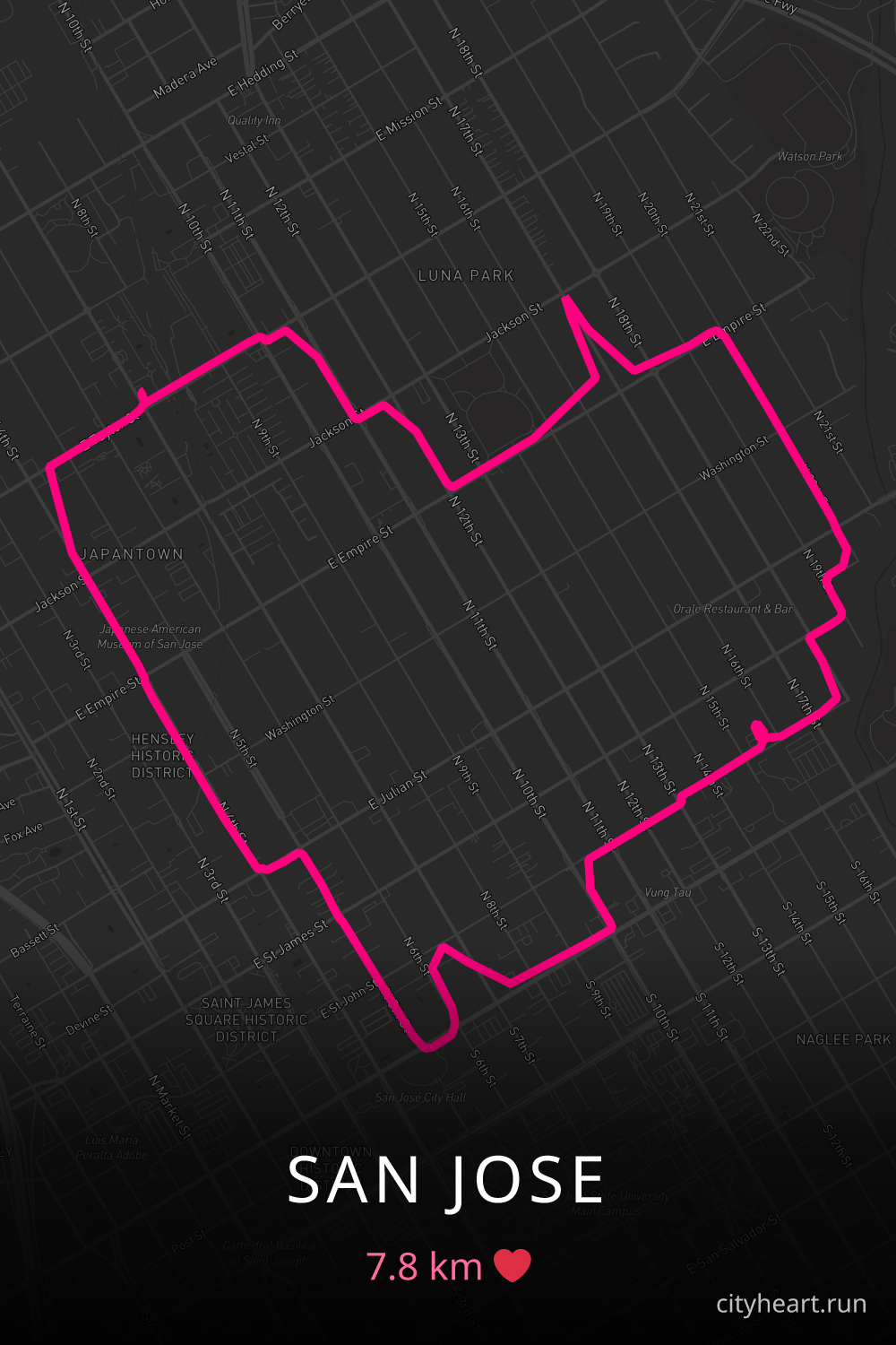 Heart-shaped running route in San Jose, 7.8 km — GPS art for Strava