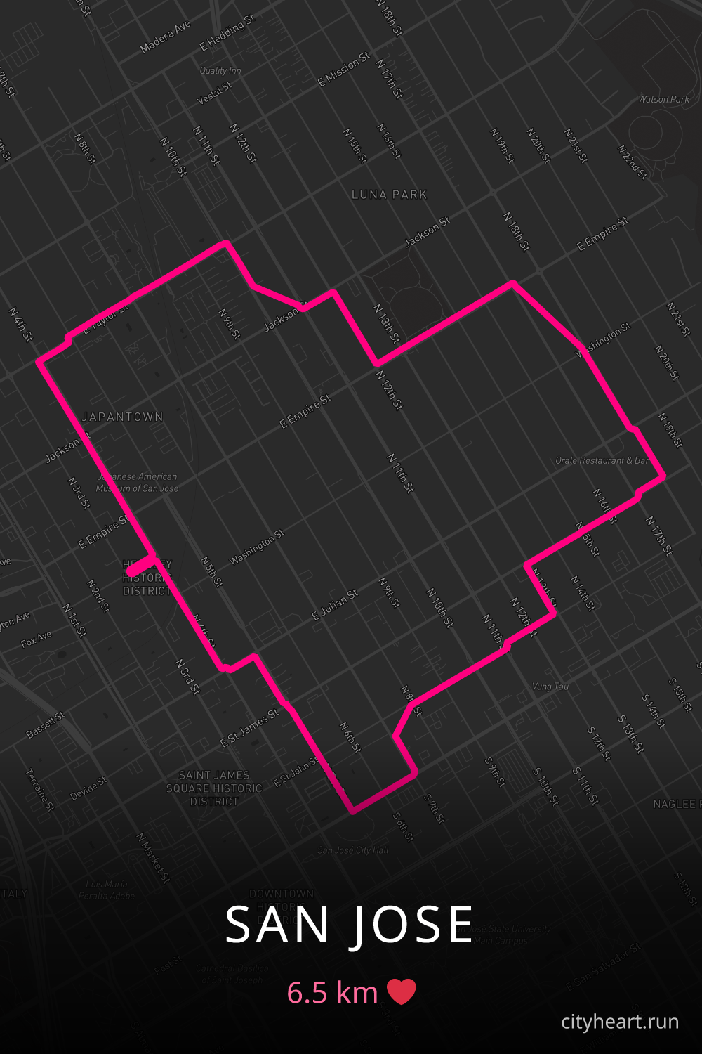 Heart-shaped running route in San Jose, 6.5 km — GPS art for Strava