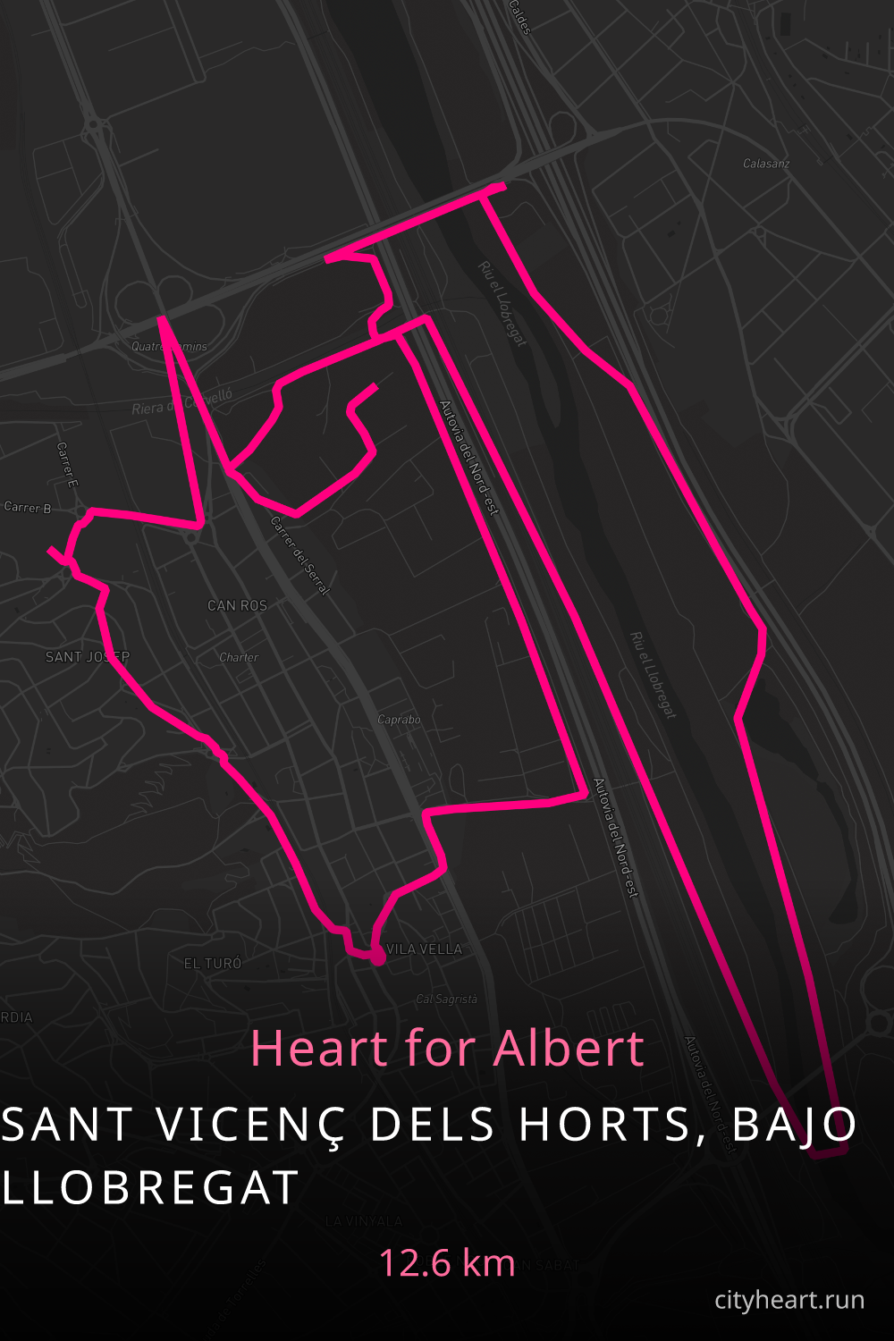 Heart-shaped running route in Sant Vicenç dels Horts, Bajo Llobregat, 12.6 km — GPS art for Strava