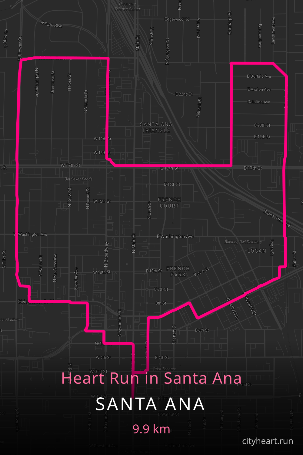 Heart-shaped running route in Santa Ana, 9.9 km — GPS art for Strava