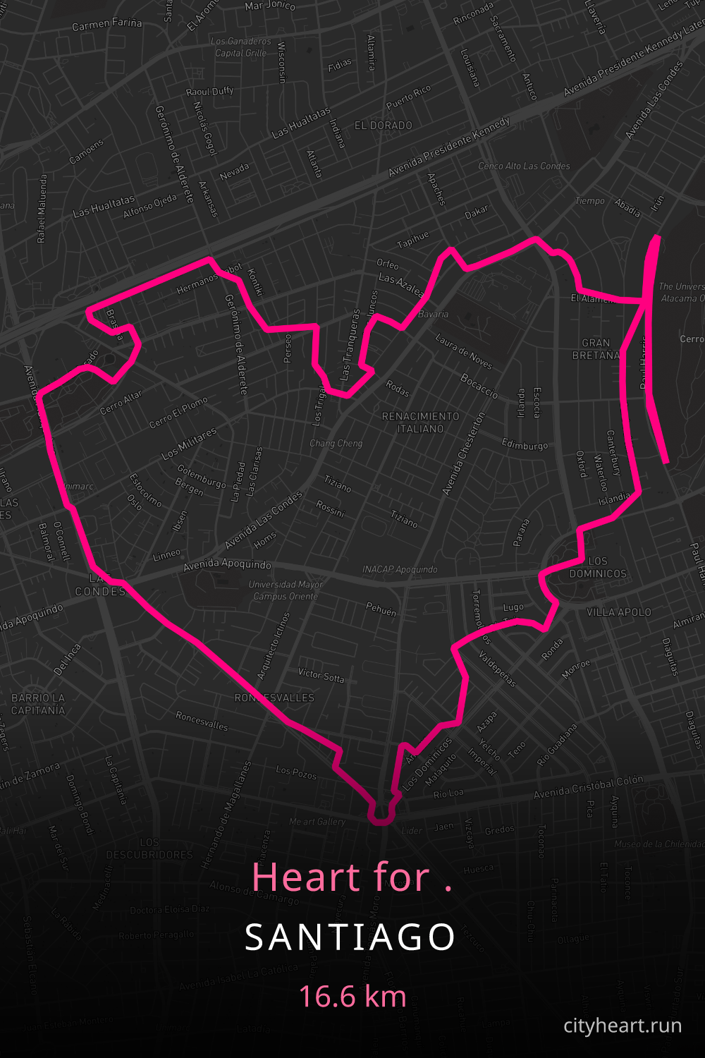 Heart-shaped running route in Santiago, 16.6 km — GPS art for Strava
