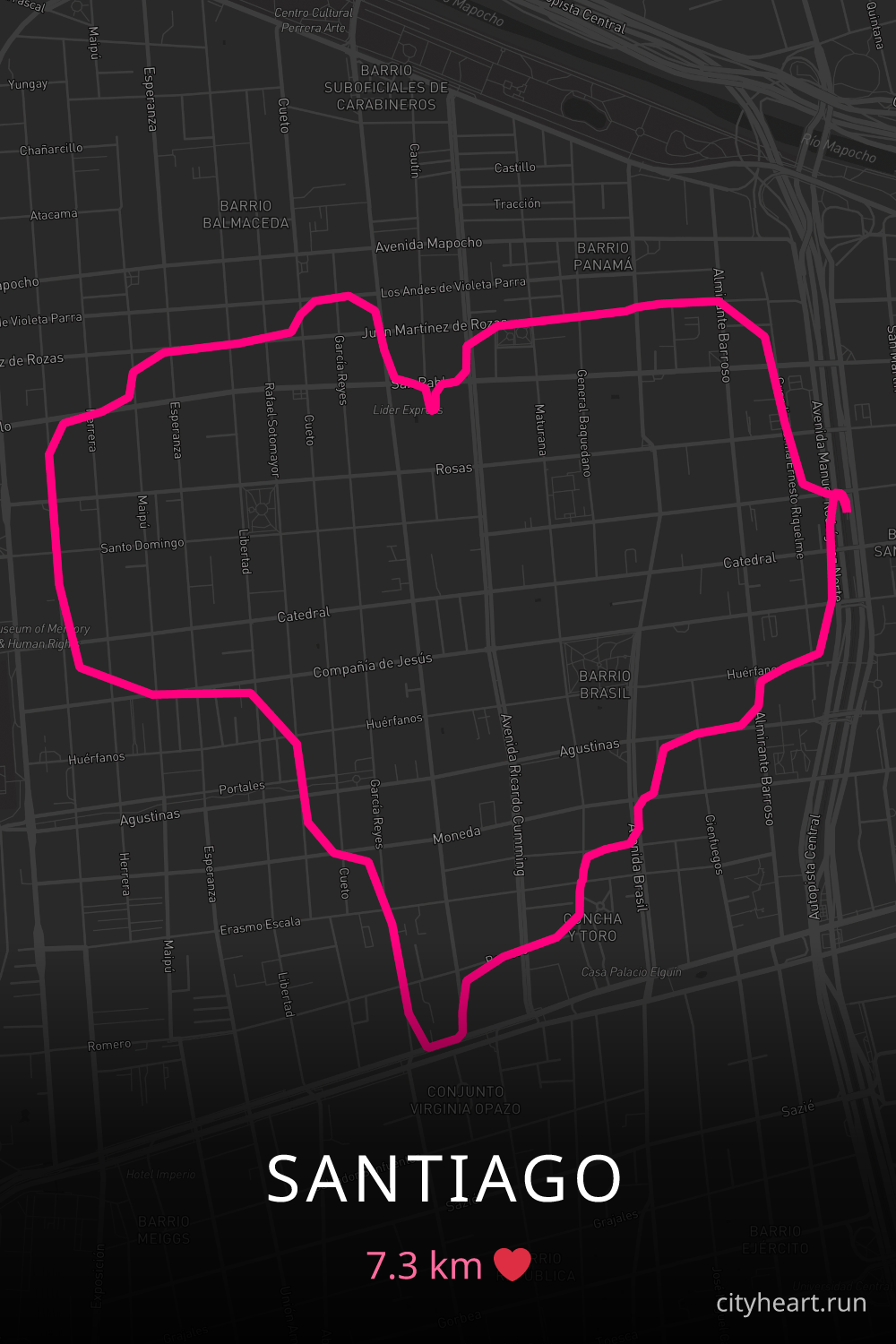Heart-shaped running route in Santiago, 7.3 km — GPS art for Strava