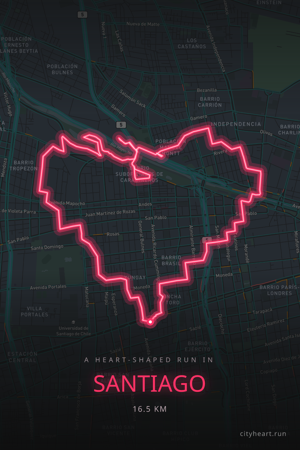Heart-shaped running route in Santiago, 17.8 km — GPS art for Strava