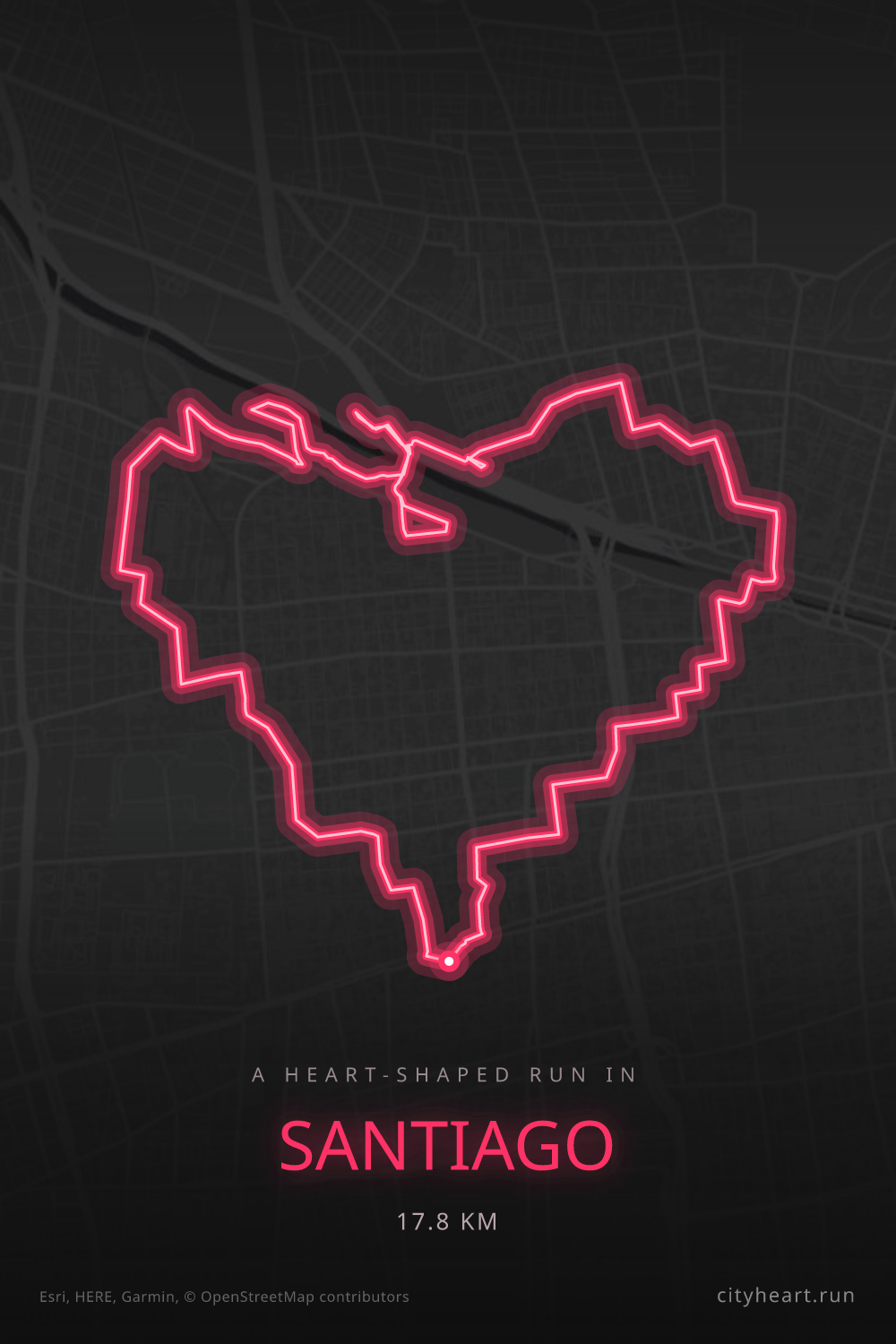 Heart-shaped running route in Santiago, 17.8 km — GPS art for Strava