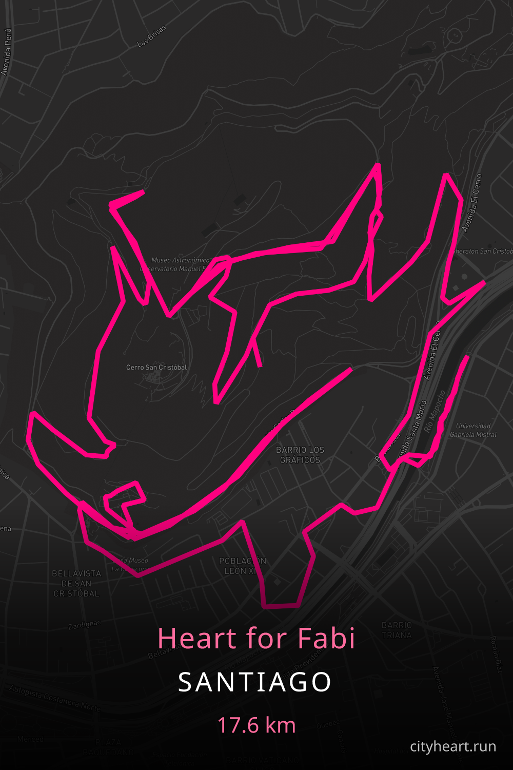 Heart-shaped running route in Santiago, 17.6 km — GPS art for Strava