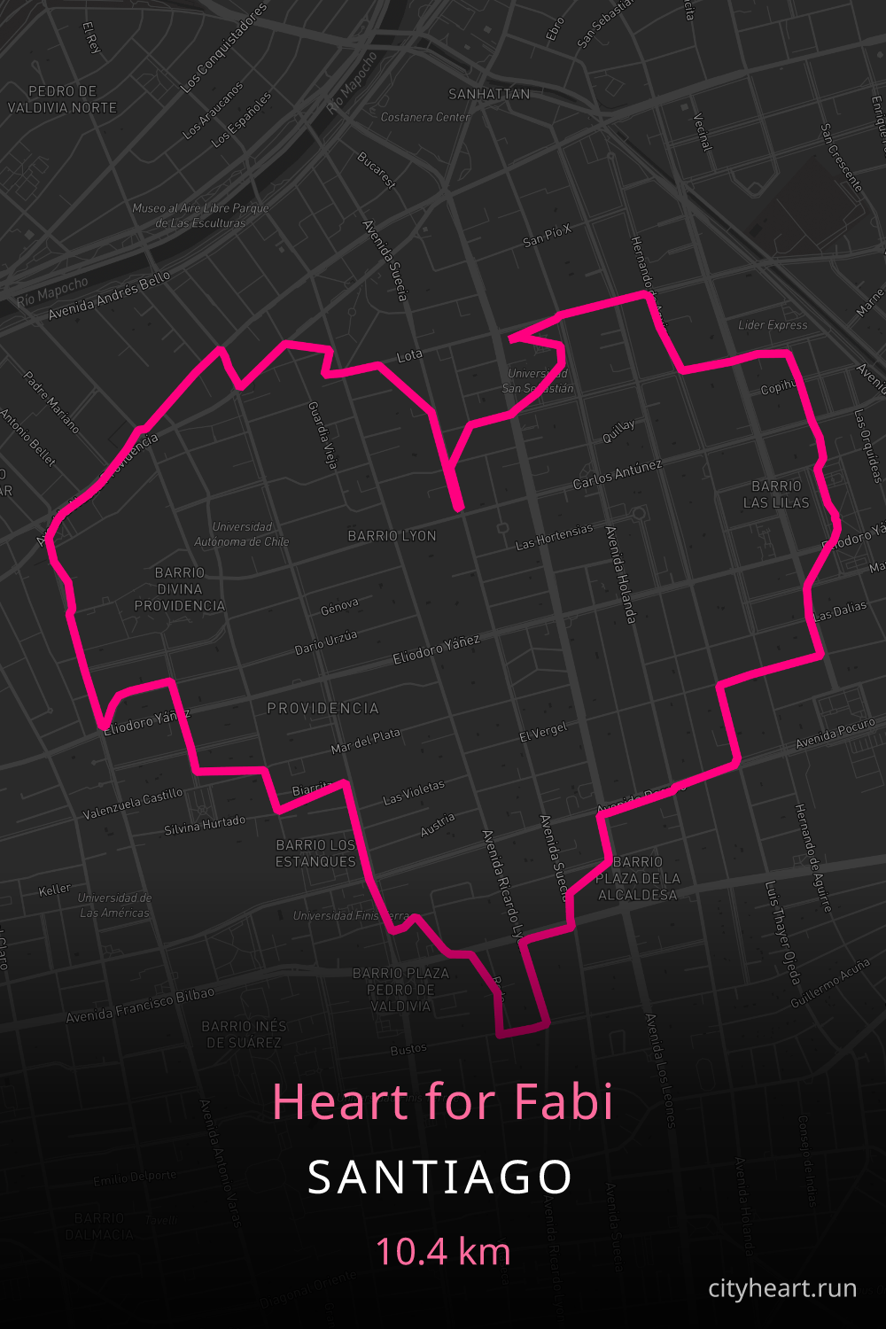 Heart-shaped running route in Santiago, 10.4 km — GPS art for Strava