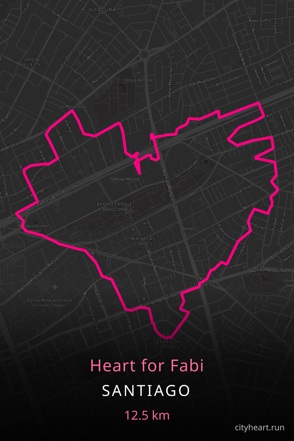 Heart-shaped running route in Santiago, 12.5 km — GPS art for Strava