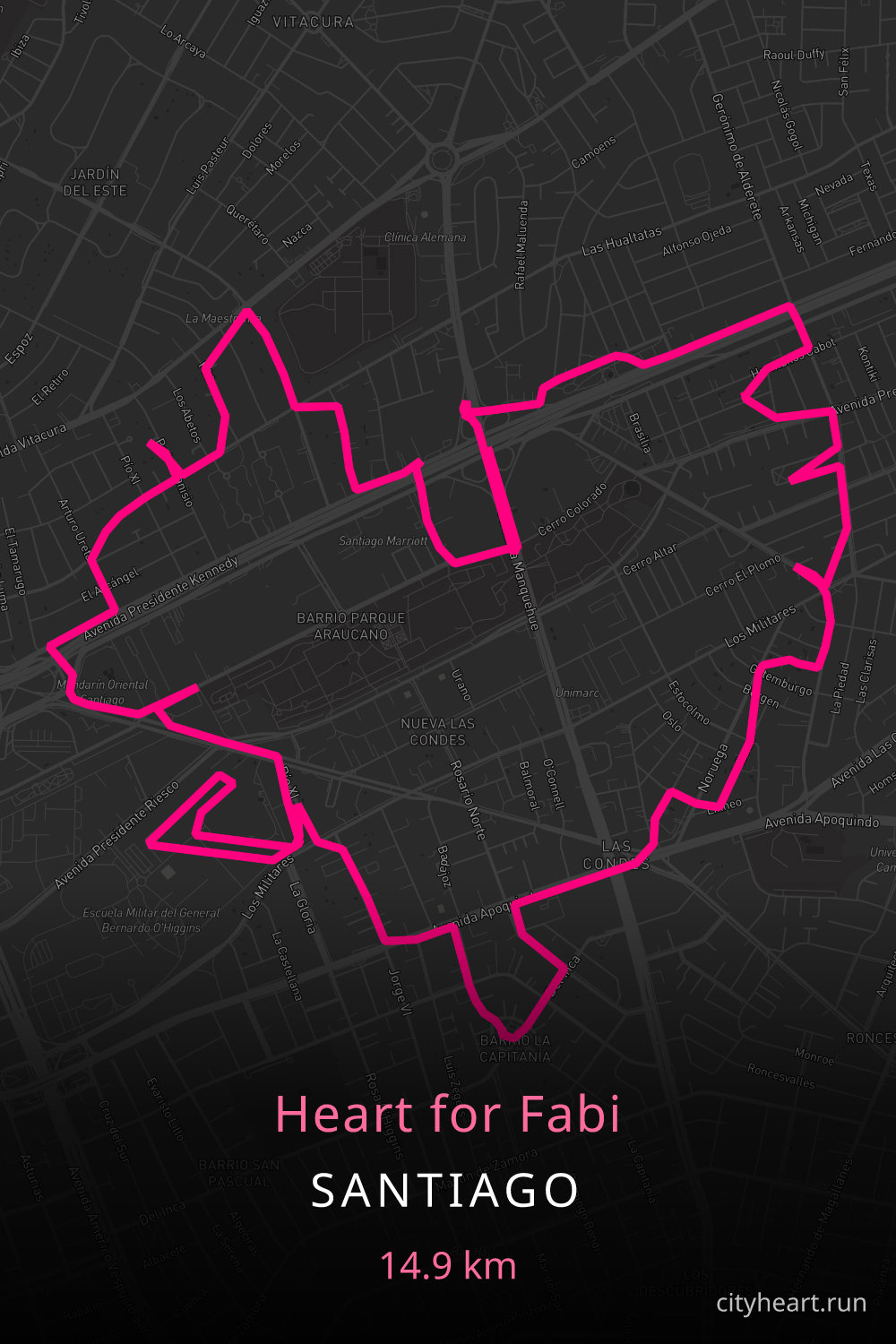 Heart-shaped running route in Santiago, 14.9 km — GPS art for Strava