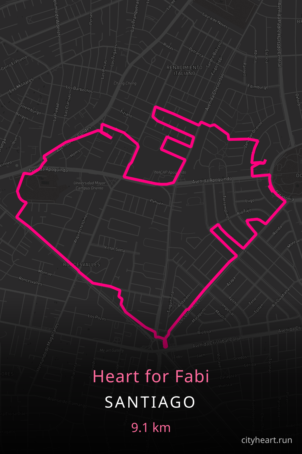 Heart-shaped running route in Santiago, 9.1 km — GPS art for Strava