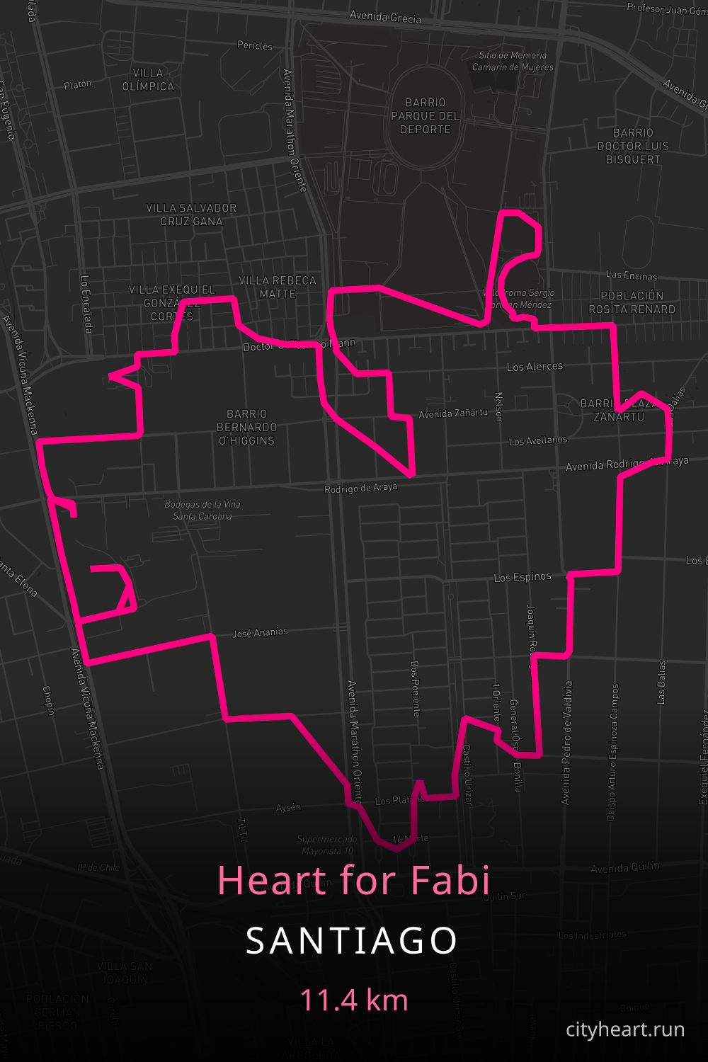 Heart-shaped running route in Santiago, 11.4 km — GPS art for Strava