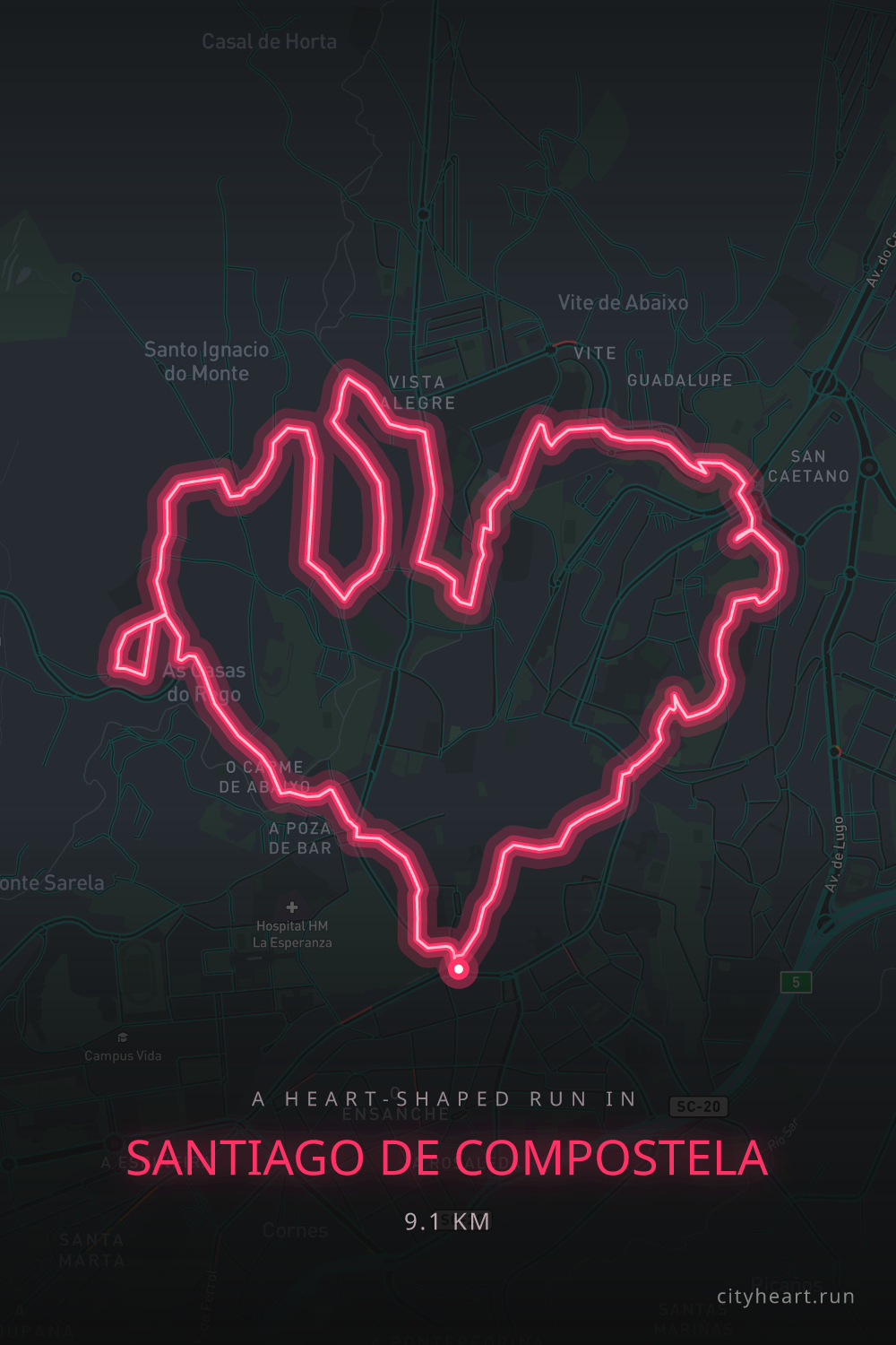 Heart-shaped running route in Santiago de Compostela, 9.1 km — GPS art for Strava