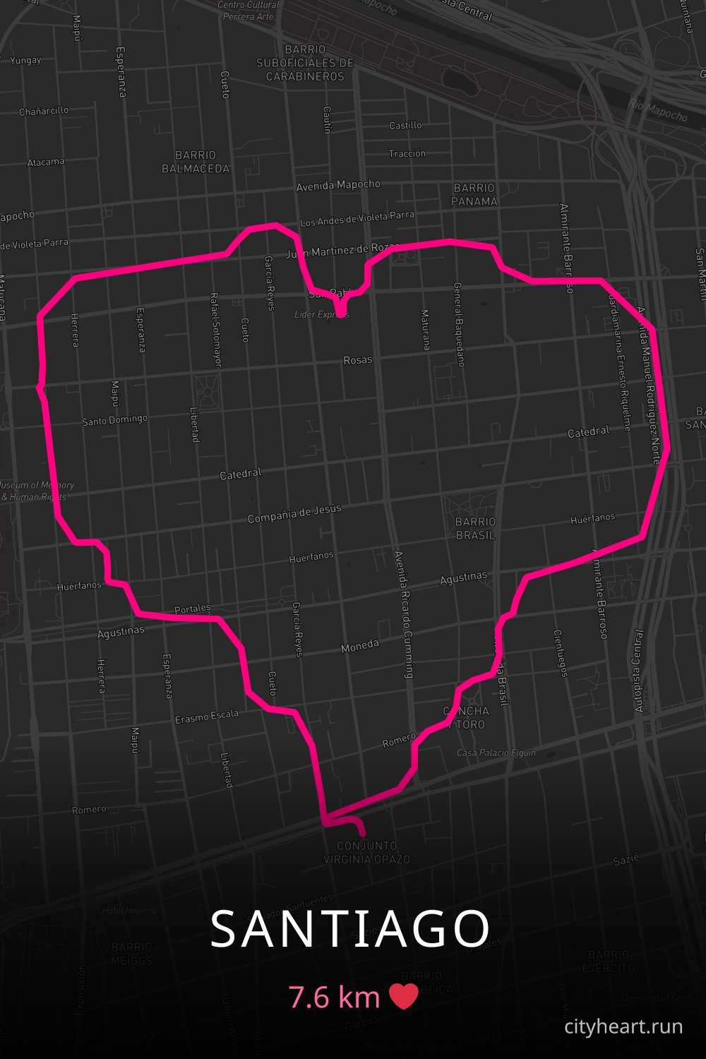 Heart-shaped running route in Santiago, 7.6 km — GPS art for Strava
