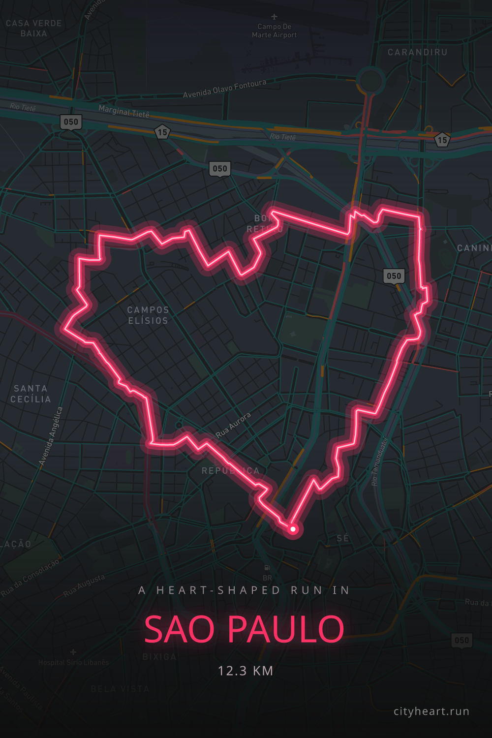 Heart-shaped running route in Sao Paulo, 13.5 km — GPS art for Strava