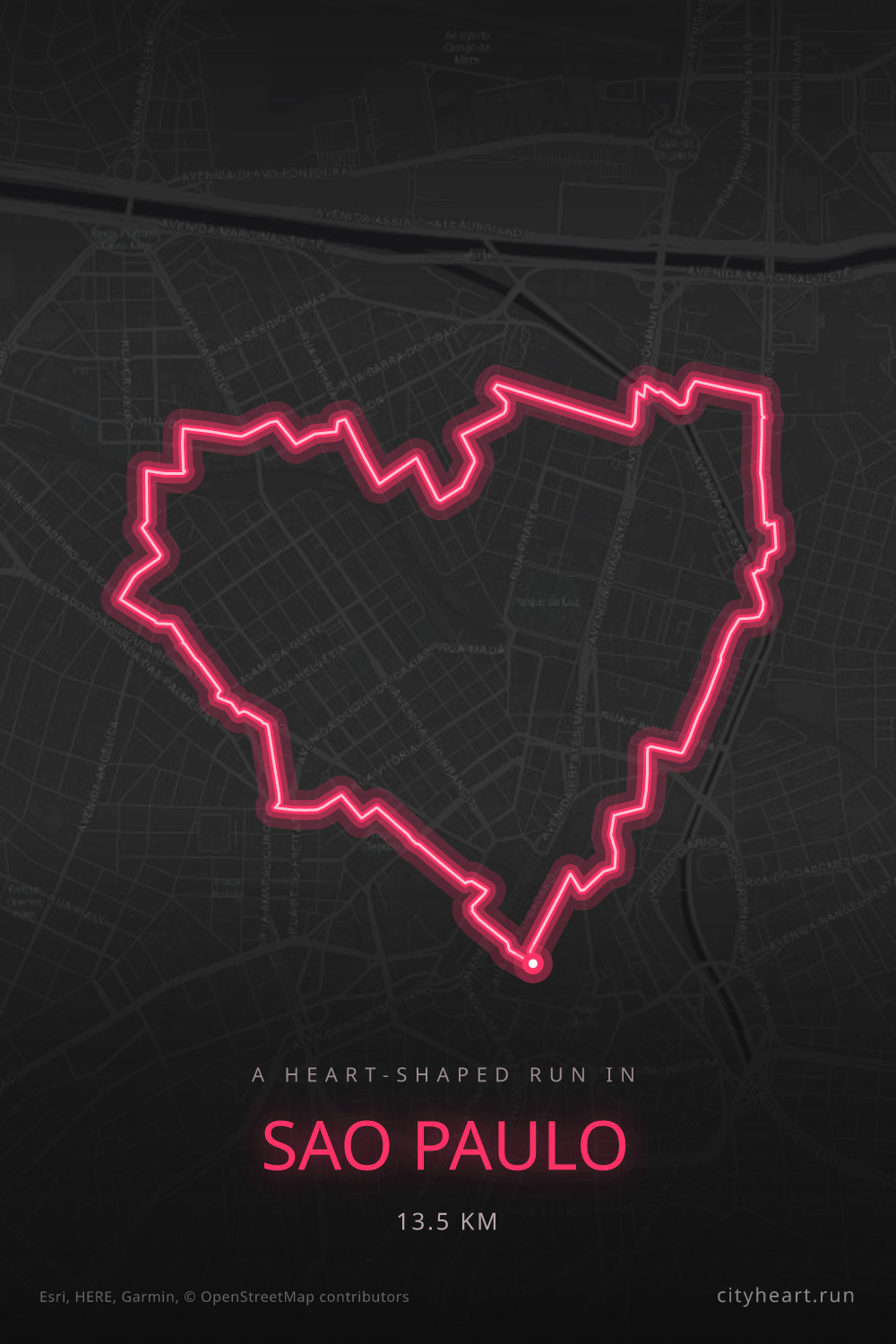 Heart-shaped running route in Sao Paulo, 13.5 km — GPS art for Strava