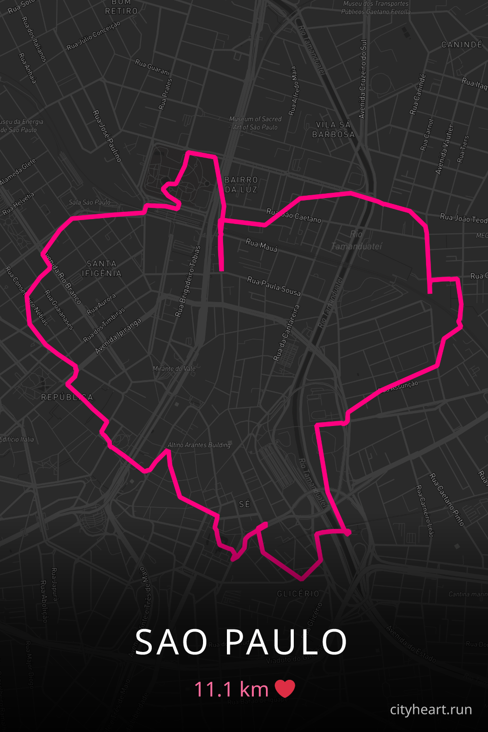 Heart-shaped running route in Sao Paulo, 11.1 km — GPS art for Strava